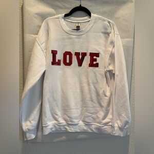 White Sweatshirt with Red 'LOVE'  Sequin Embroidery